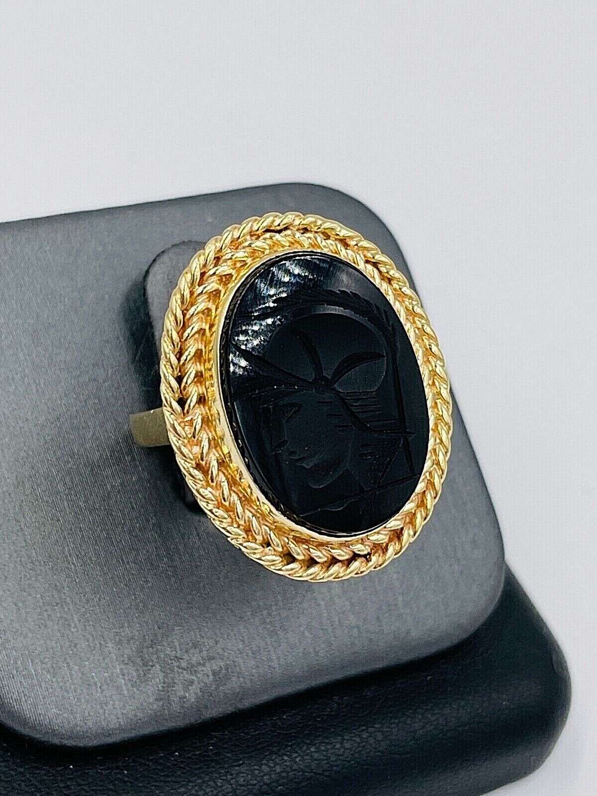 14k Gold Intaglio Ring Roman Soldier Black Onyx Sz 4.5 Vintage