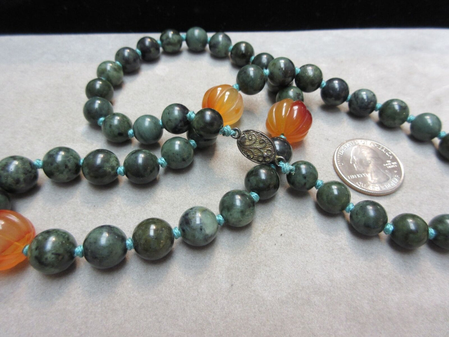 Chinese Antique Nephrite Carved Carnelian Agate Melon Bead Necklace