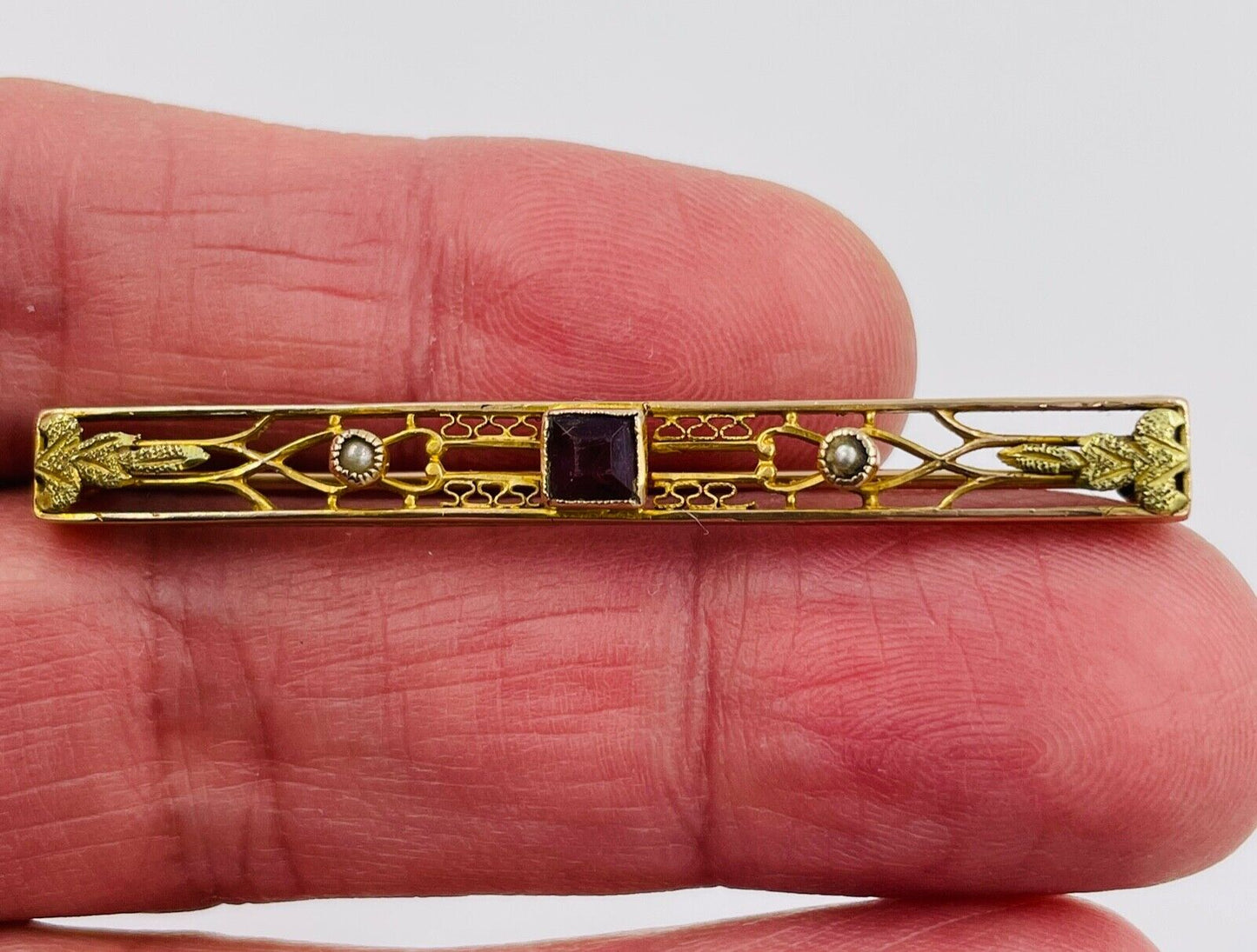 Art Nouveau 14k Yellow Gold Amethyst and pearl Brooch Pin Bar