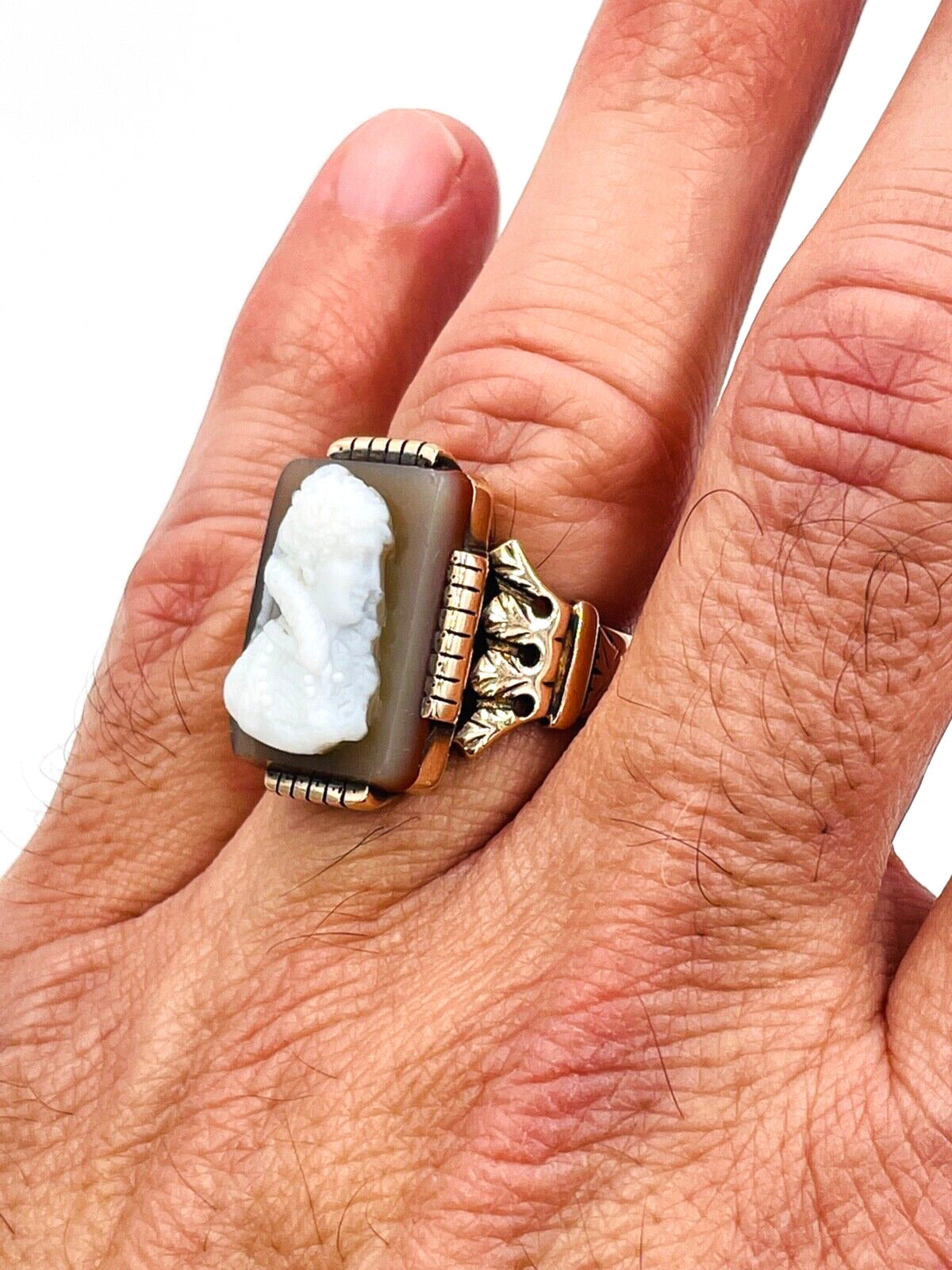 Victorian 14K Rose Gold Carved Sardonyx Cameo Ring 9.25sz