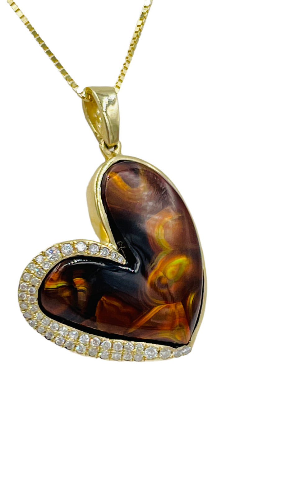 14k Pave Diamond Fire Agate Heart Pendant Necklace 18"