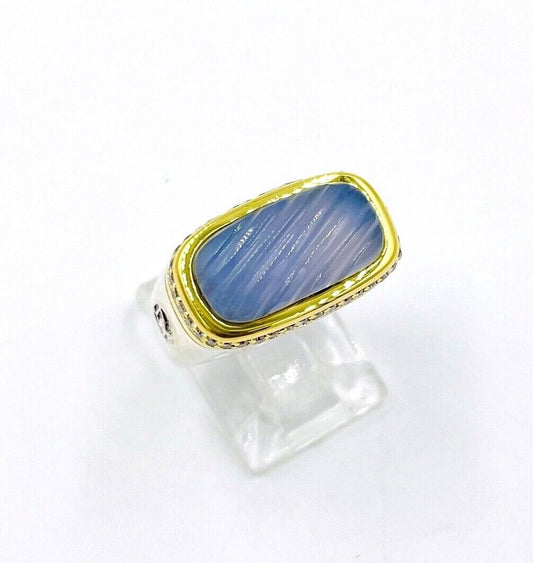 DAVID YURMAN 750 18k Gold 925 Sterling Silver Chervon Chalcedony Diamond Ring