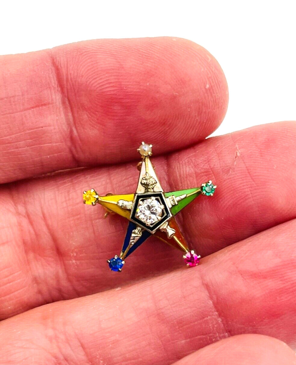 14k gold Masonic Eastern Star Enamel Diamond Pin Pendant combo