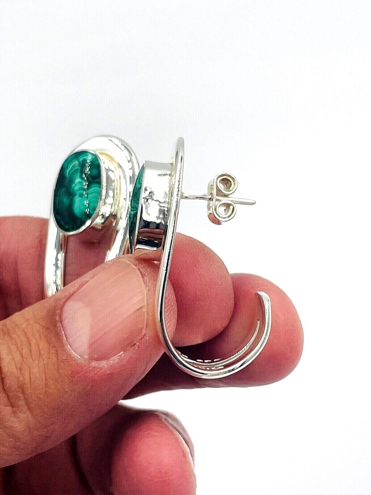 Vintage Taxco Sterling Silver Modernist Malachite stud drop Earrings