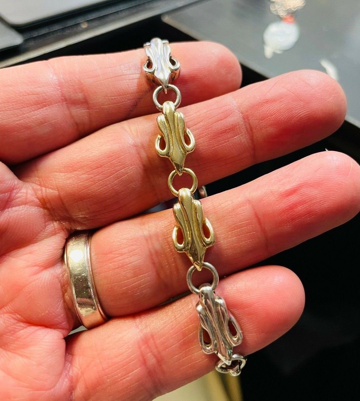 NOS Rigoberto Sterling & 14K Yellow Gold fleur de lis link Bracelet