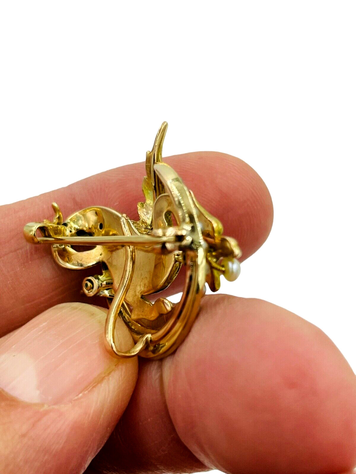 Antique Art Nouveau 14k Winged Dragon/Griffin Pin, Pearls, Green Eye
