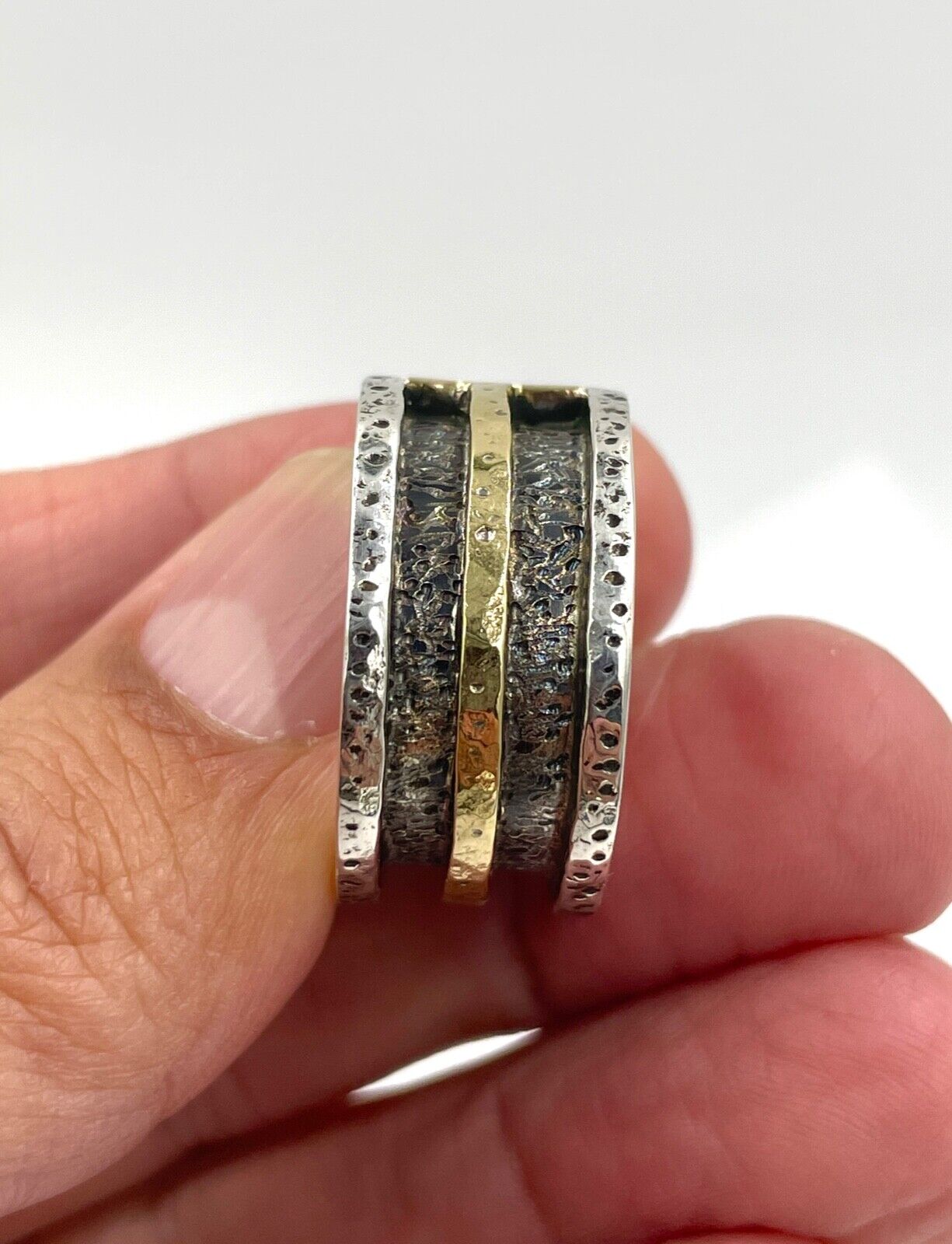 18k Gold and Sterling Silver wide band Cross Mens Ring cigar band
