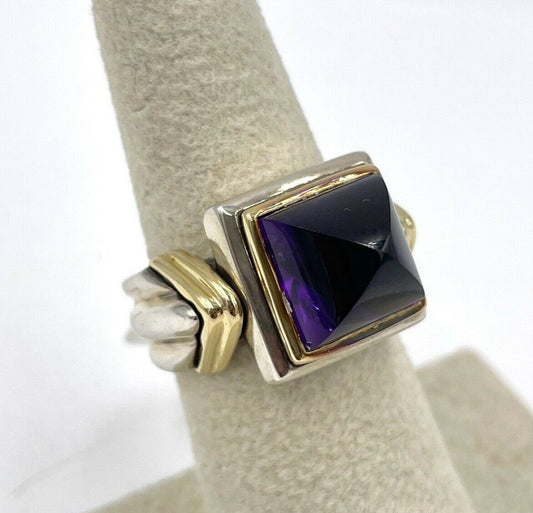 Fabulous Designer Rigoberto 14k and Sterling Silver Amethyst pyramid ring