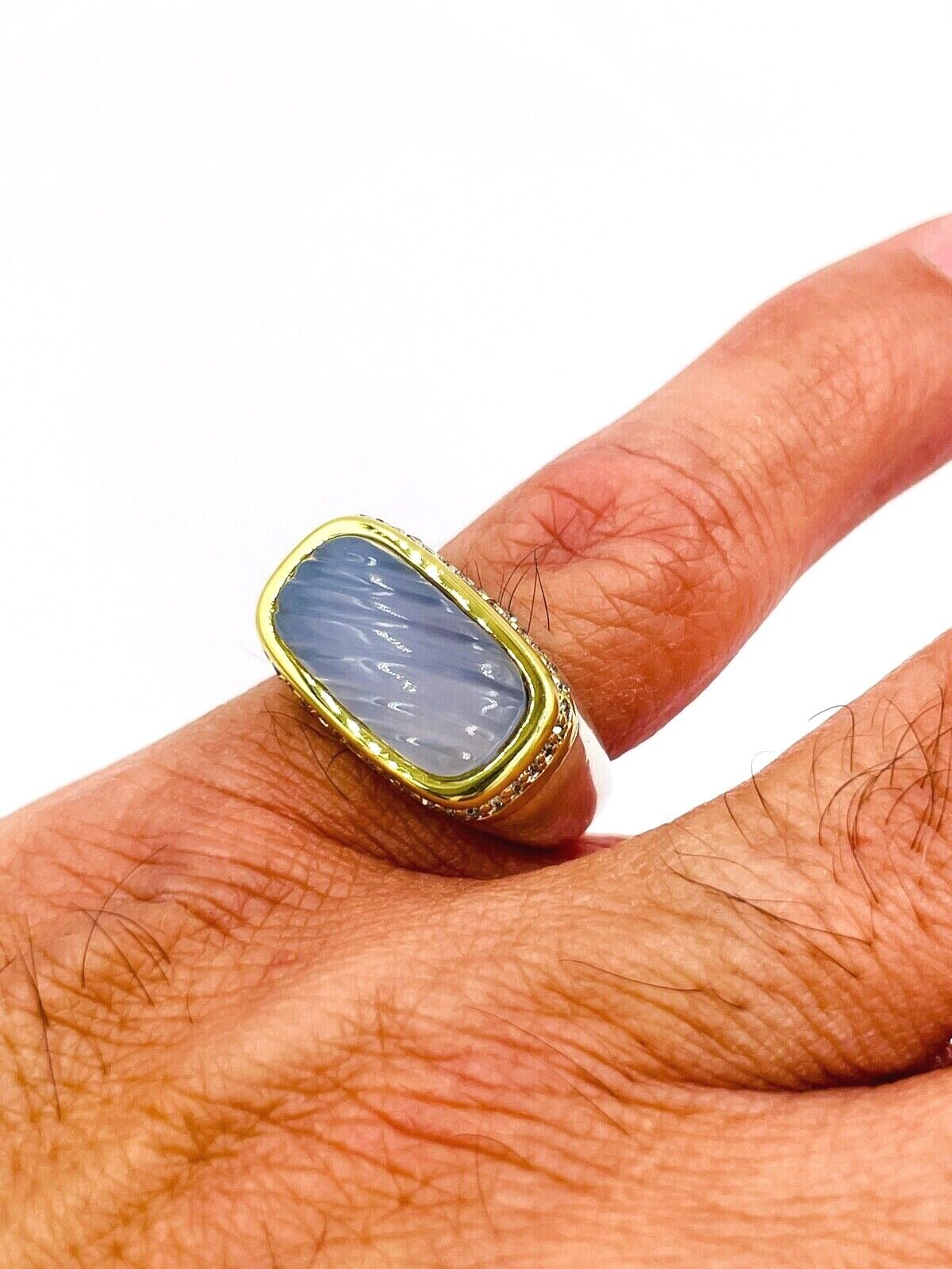 DAVID YURMAN 750 18k Gold 925 Sterling Silver Chervon Chalcedony Diamond Ring
