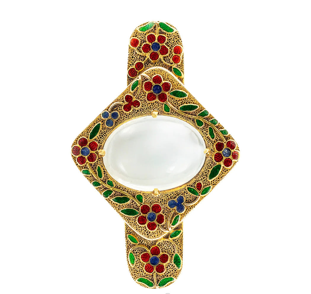 Arts & Crafts Moonstone Enamel 14k Yellow Gold Brooch