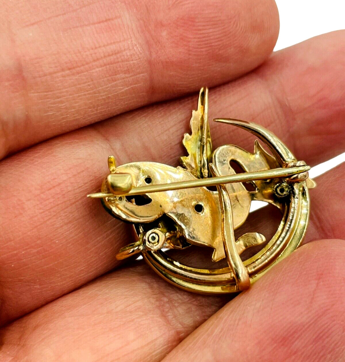 Antique Art Nouveau 14k Winged Dragon/Griffin Pin, Pearls, Green Eye