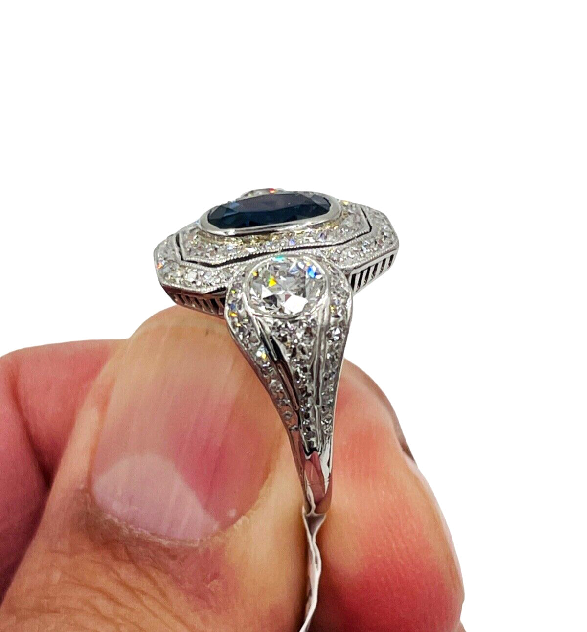 Edwardian Platinum Sapphire Diamond Engagement Ring GIA