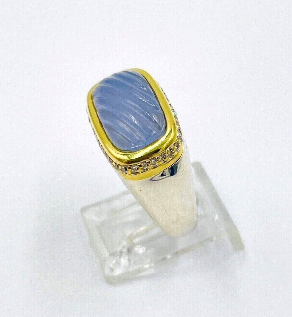 DAVID YURMAN 750 18k Gold 925 Sterling Silver Chervon Chalcedony Diamond Ring