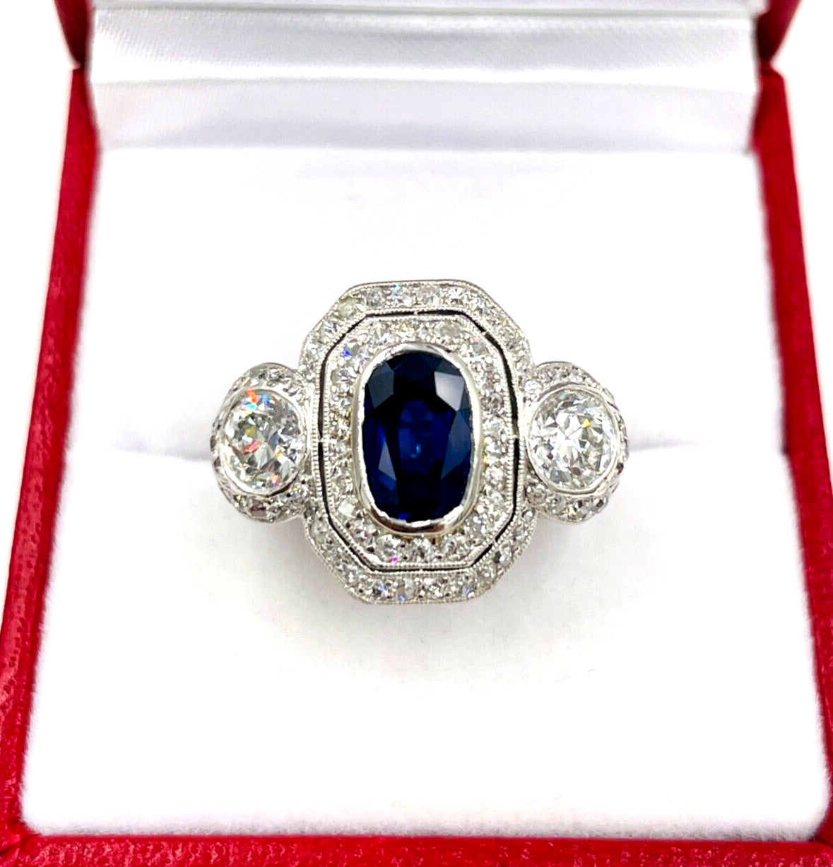 Edwardian Platinum Sapphire Diamond Engagement Ring GIA