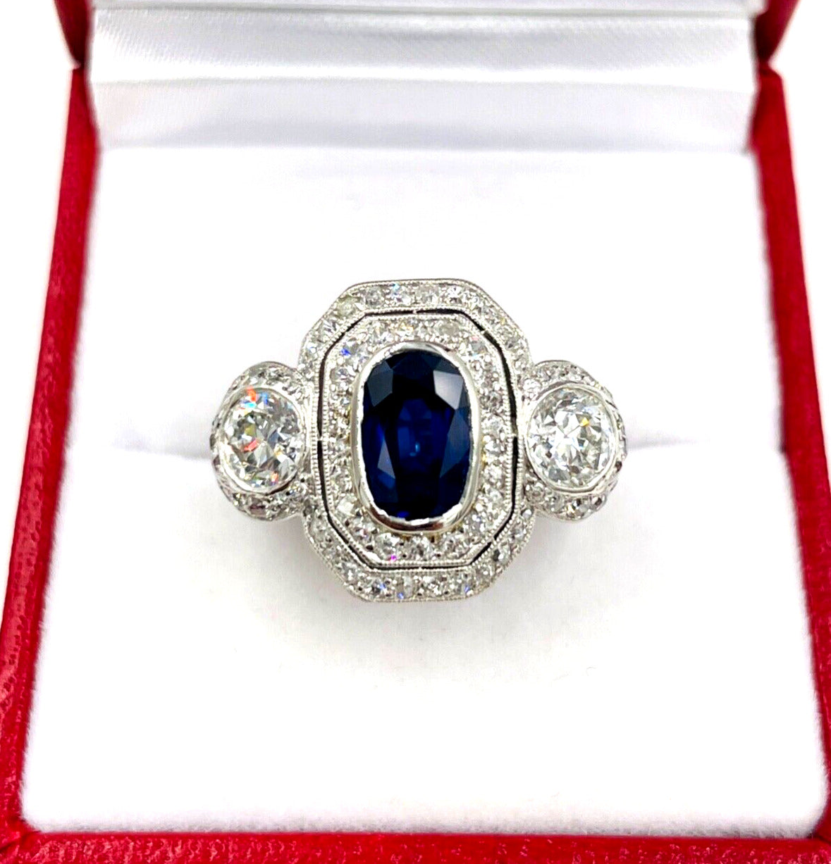 Edwardian Platinum Sapphire Diamond Engagement Ring GIA