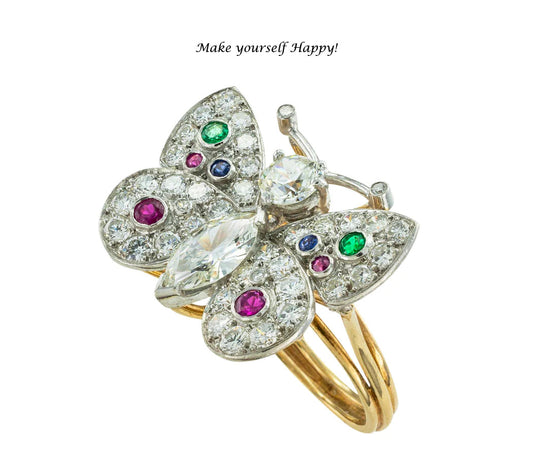 Diamond Emerald Ruby Sapphire Platinum Gold Butterfly Ring