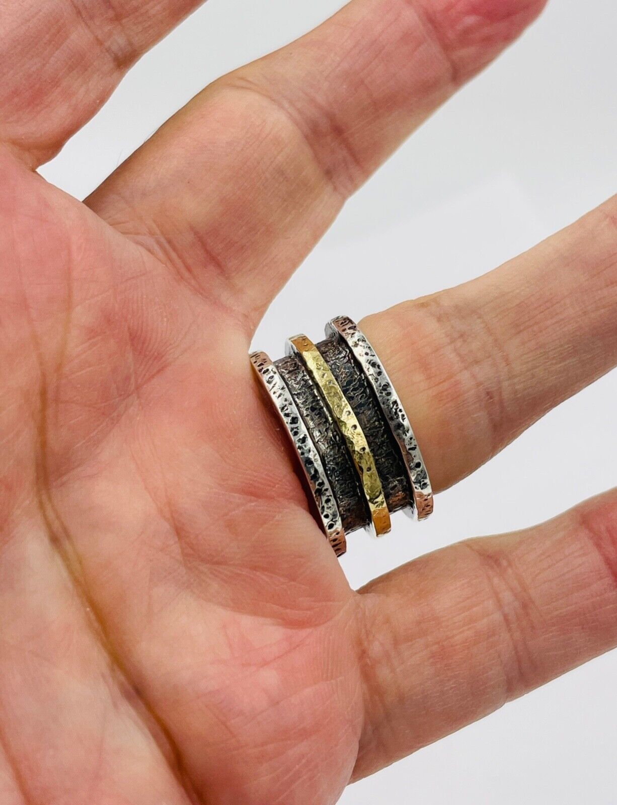 18k Gold and Sterling Silver wide band Cross Mens Ring cigar band