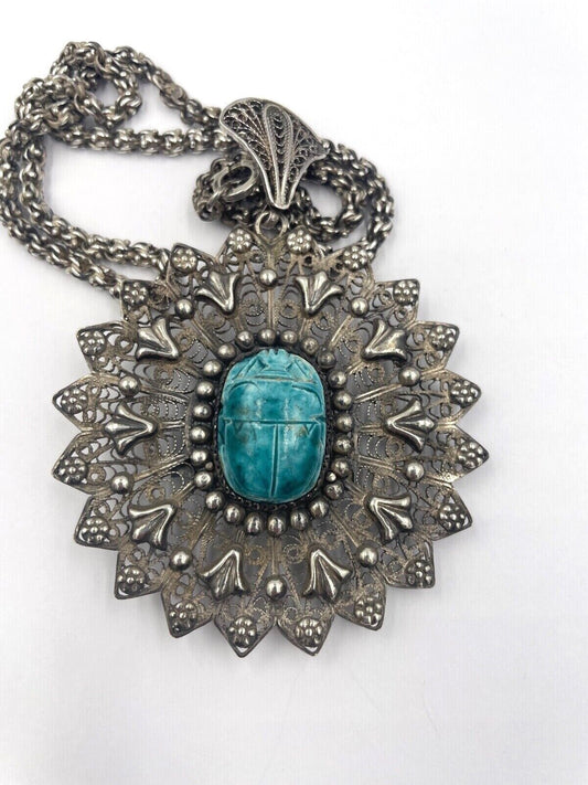 Antique Egyptian Faience Scarab filigree pendant Necklace Brooch Pin 800 Silver