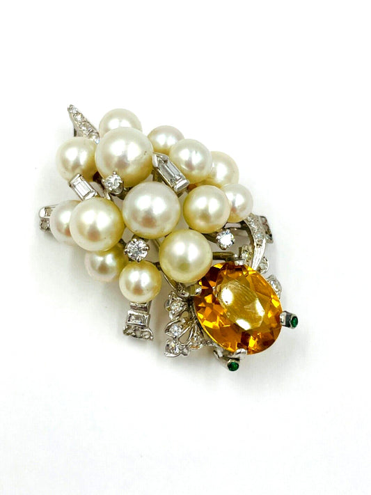 Vintage 14k White Gold Citrine Diamond Turtle Pin Brooch Emerald eyes