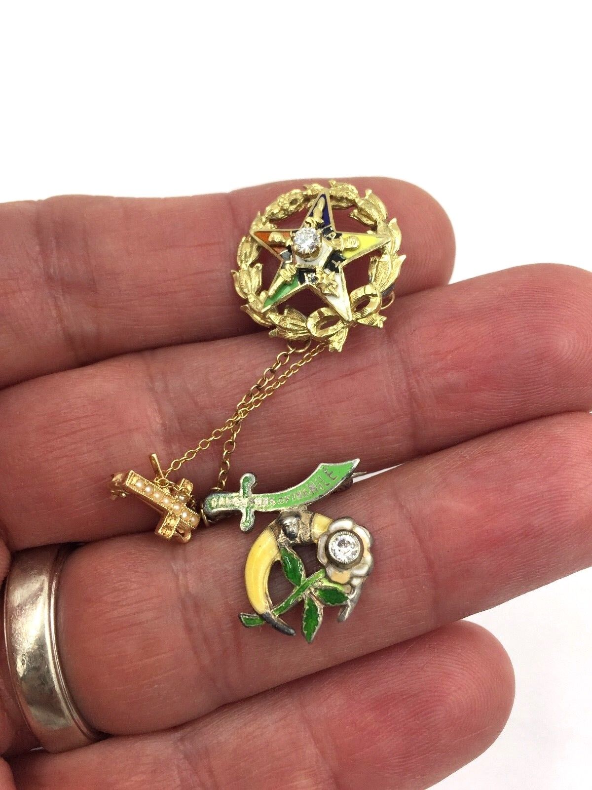 Vintage Masonic Eastern Star Enamel Diamond Pin in 14K Yellow Gold