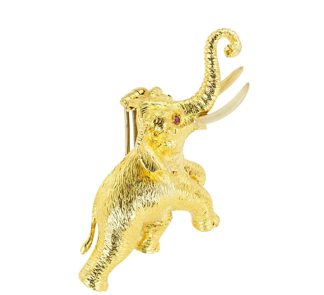 Ruby Enamel Yellow Gold Elephant Clip Brooch