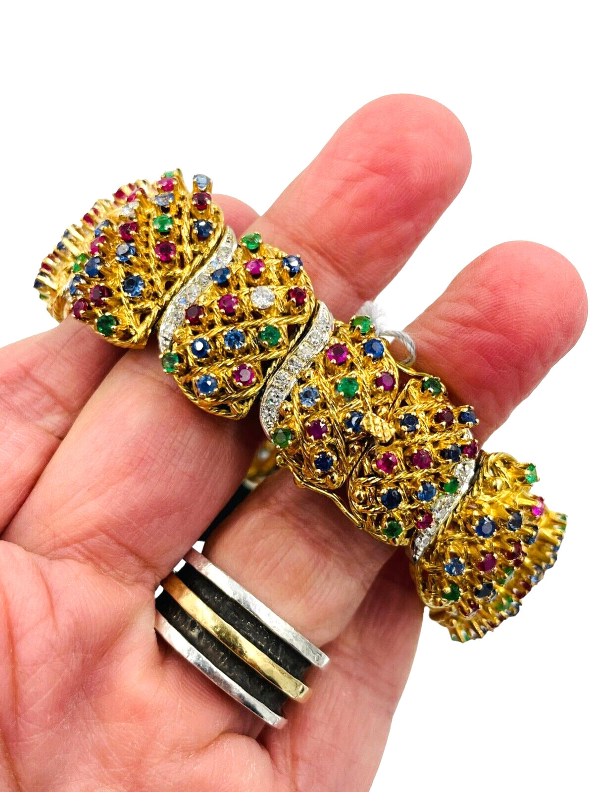 Estate 18k Gold Multi Gemstone and Diamond Bracelet Chunky 135 grams