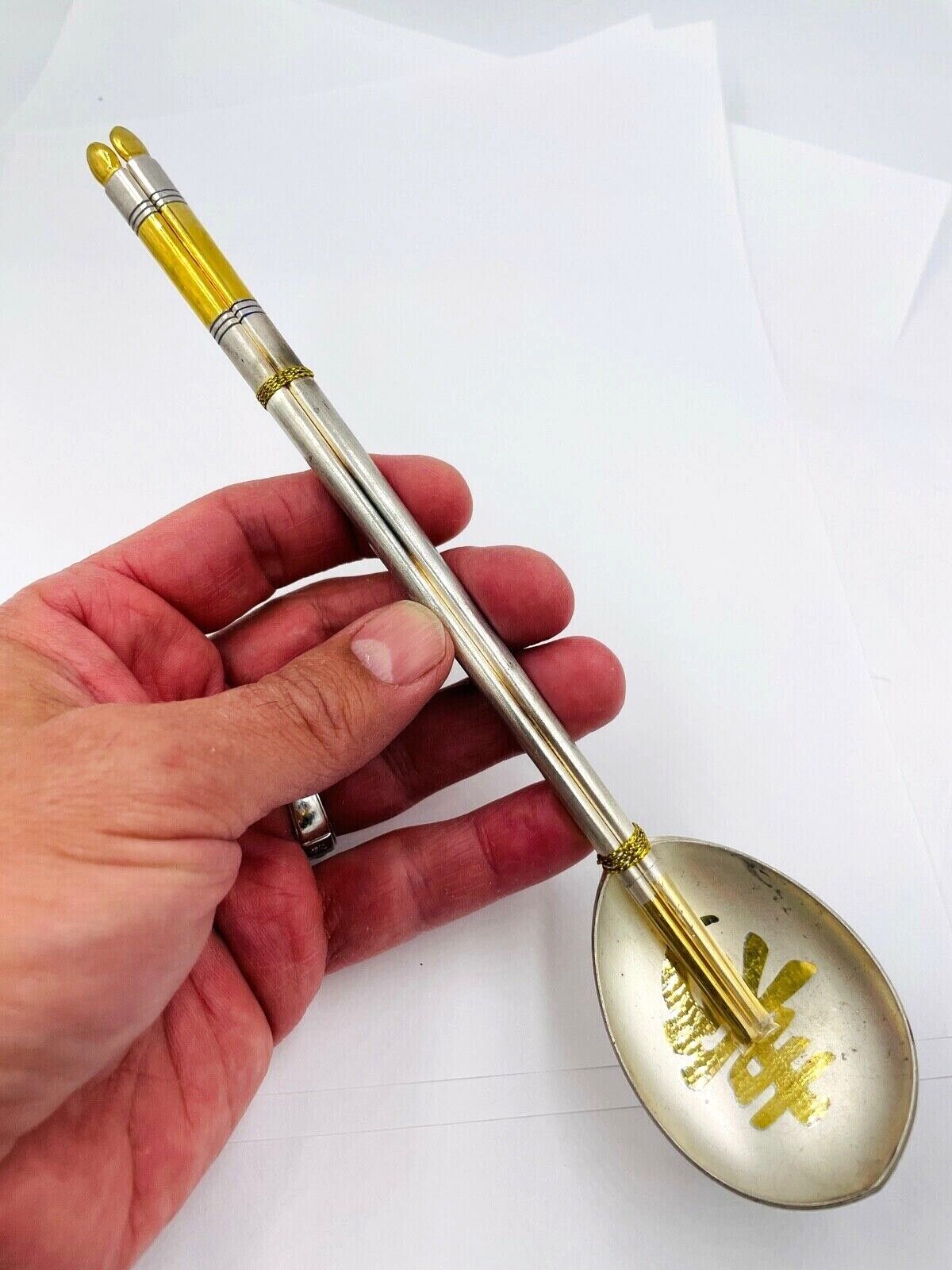 NOS Pure Silver .999 Chop Sticks and spoon set gold plated Korean