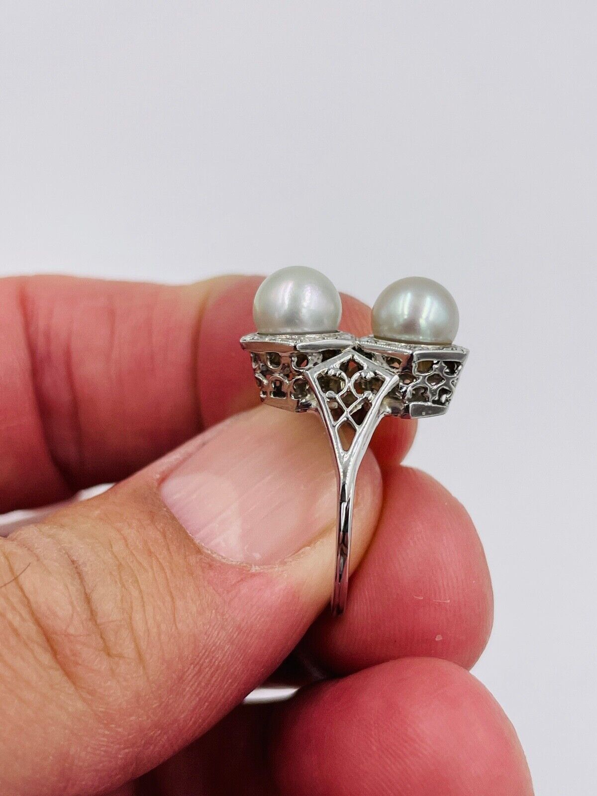 Vintage 14K White Gold Filigree double Pearl Ring Art Deco