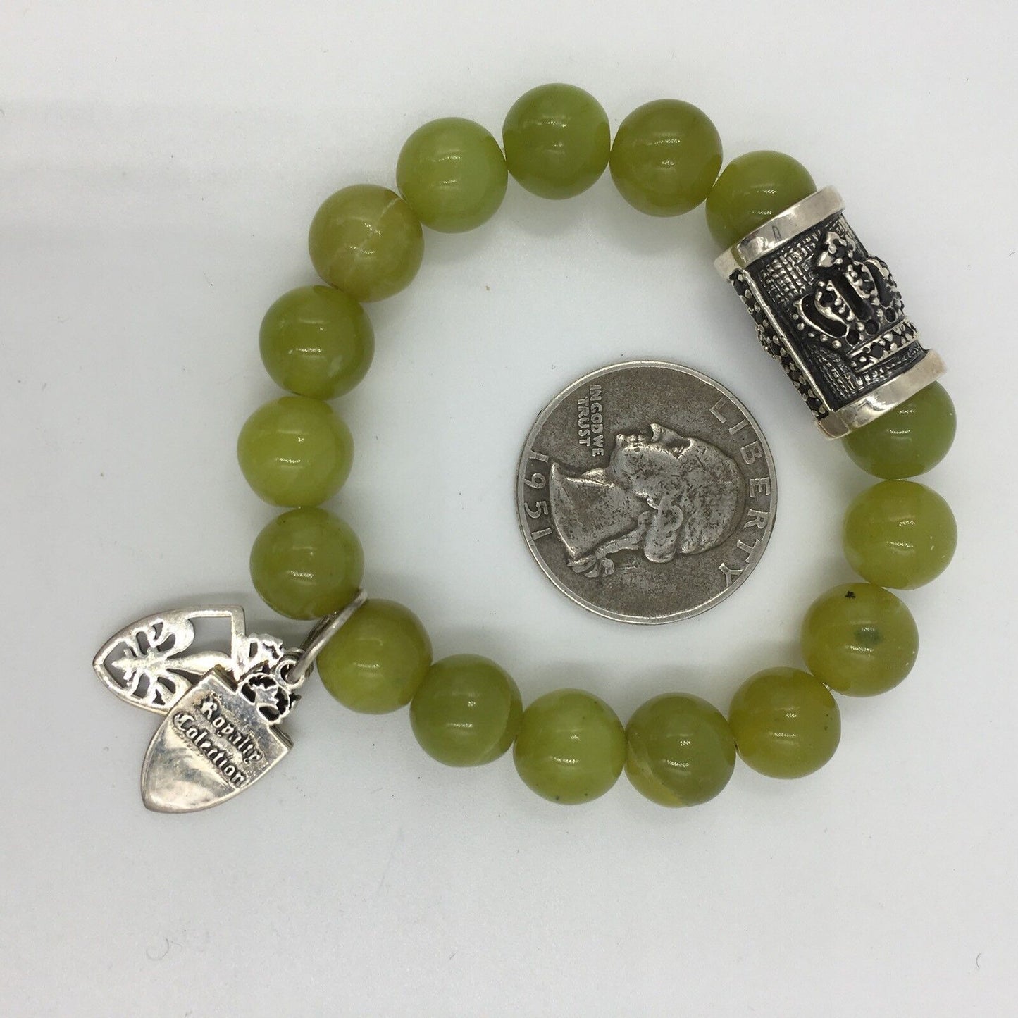 Royalty Collection Sterling Silver Crown Shield Charm Agate Bead Bracelet