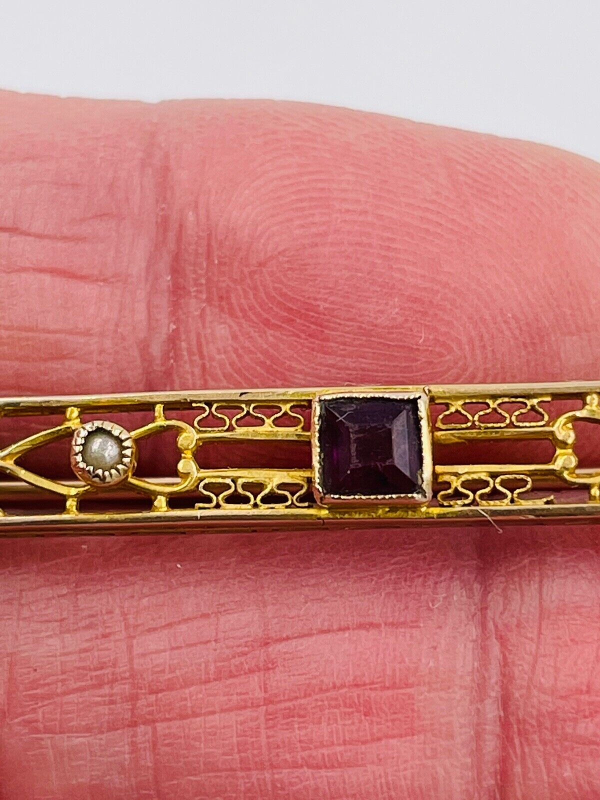 Art Nouveau 14k Yellow Gold Amethyst and pearl Brooch Pin Bar