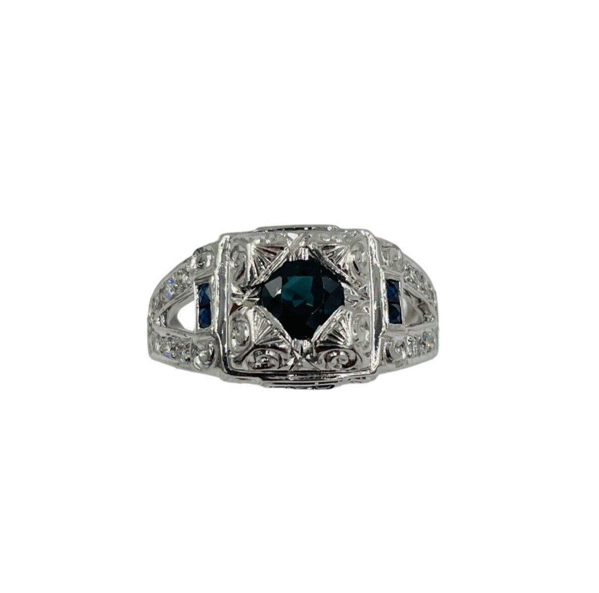 Vintage Platinum Sapphire Diamond Hand etches Ring