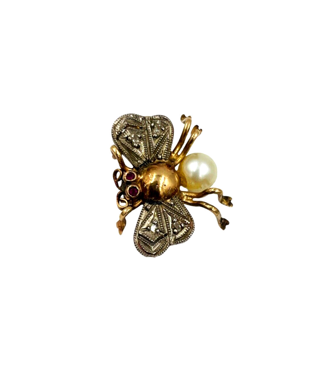 Victorian 18K Yellow Gold Fly Rose cut diamond brooch pin Ruby Pearl
