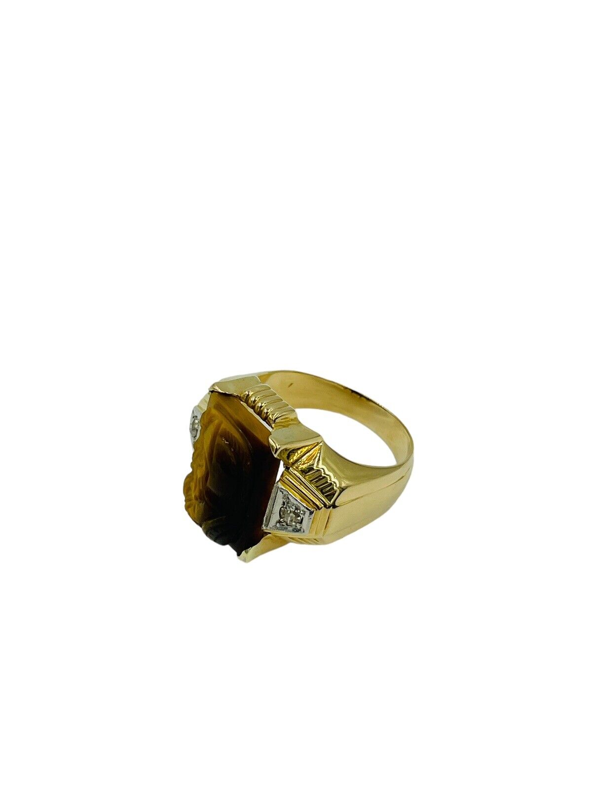 Vintage 18k Yellow Gold Tigers Eye Men's Ring Roman soldier