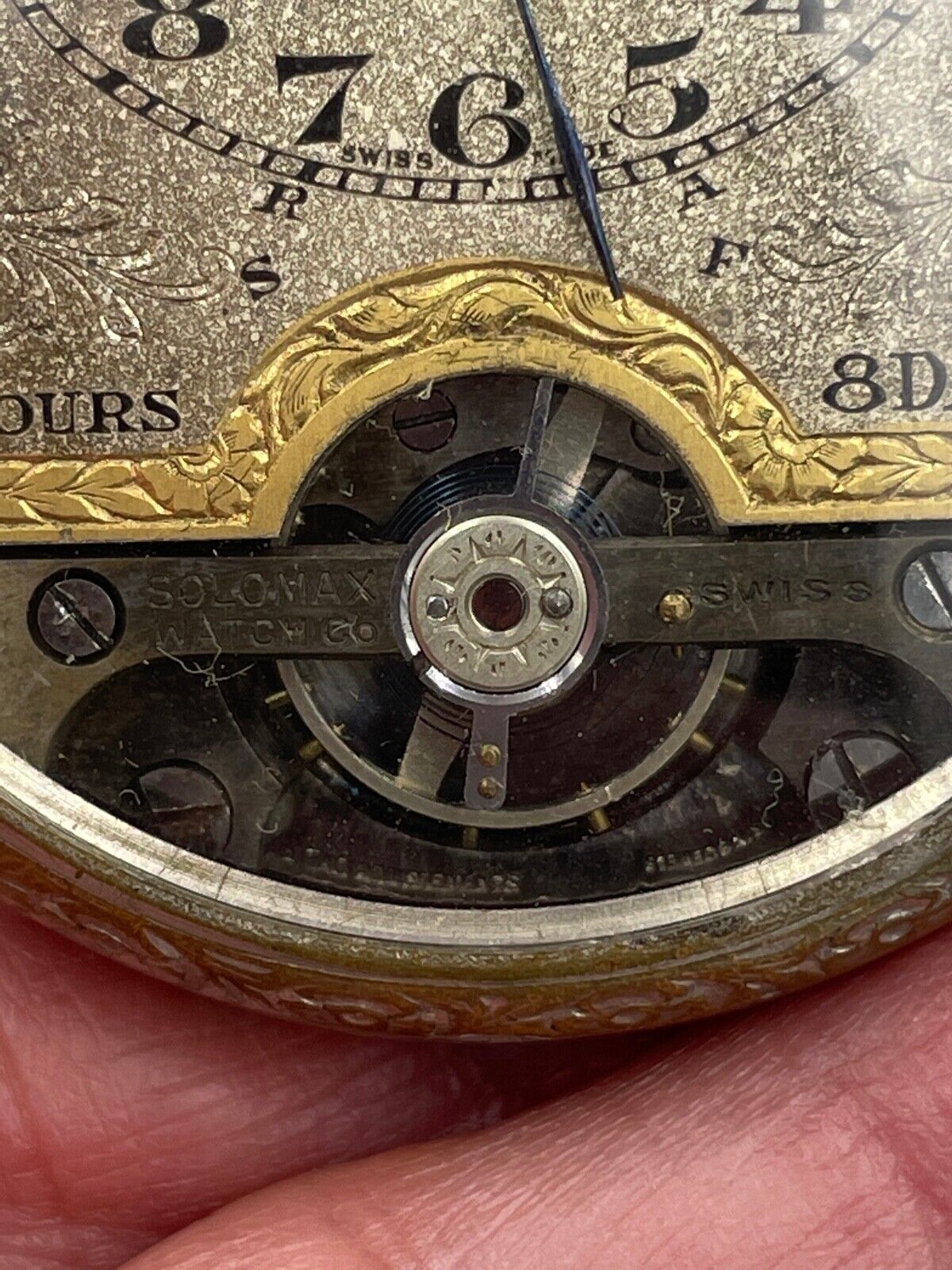 Solomax Chateau Cadillac 8 Day Pocket Watch Openscape Engraved case Rare