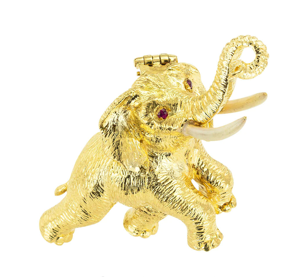 Ruby Enamel Yellow Gold Elephant Clip Brooch