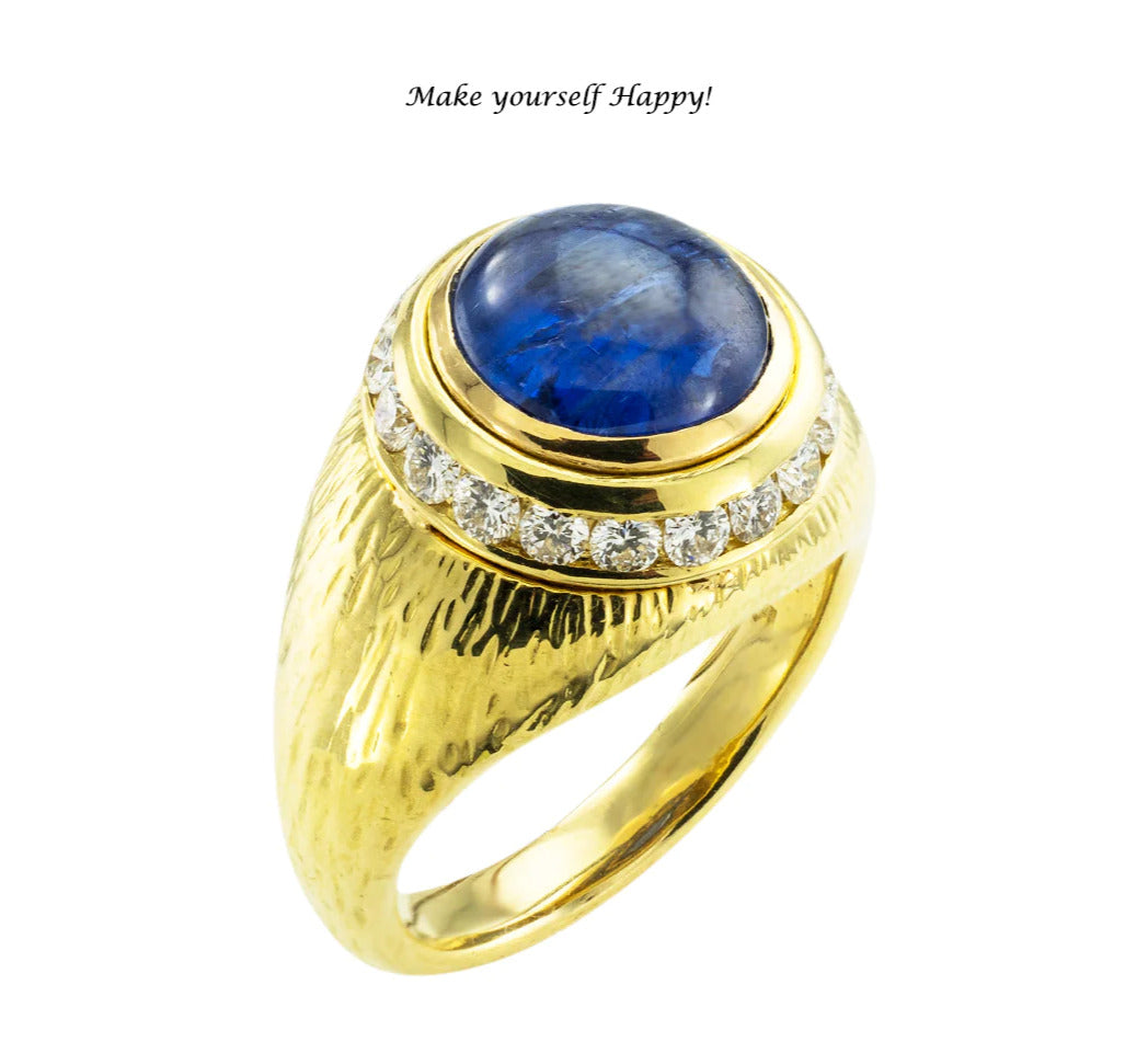 Hammerman Brothers Cabochon Sapphire Diamond Yellow Gold Ring 18K