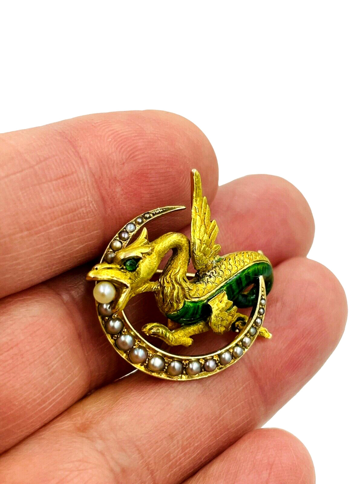 Antique Art Nouveau 14k Winged Dragon/Griffin Pin, Pearls, Green Eye