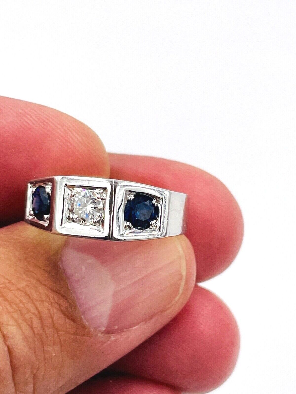 Art Deco Diamond Sapphire White Gold Three Stone Ring