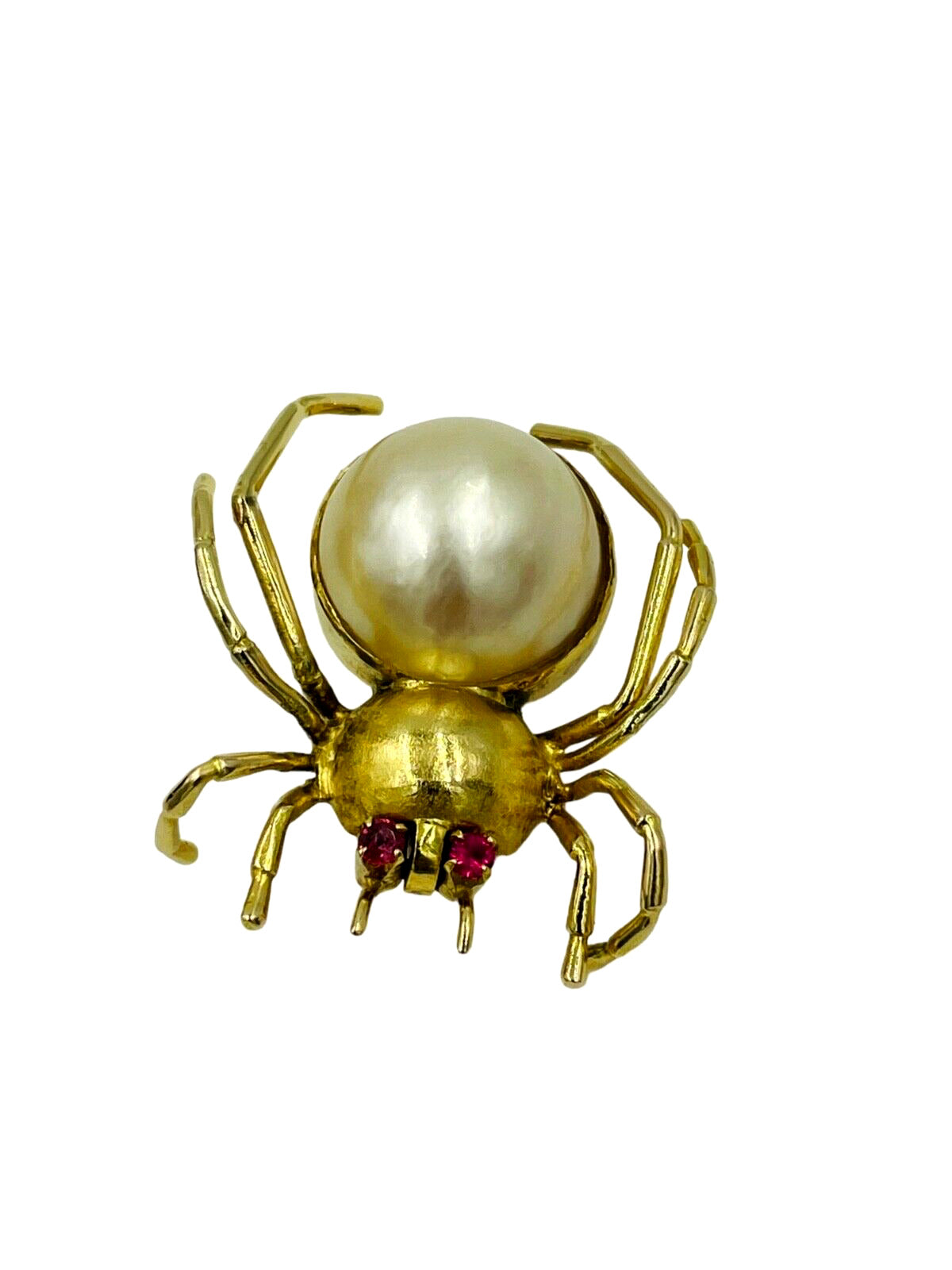 14K Yellow Gold Mabe Pearl & Ruby Spider Pin Brooch Vintage F Signed 9.8g