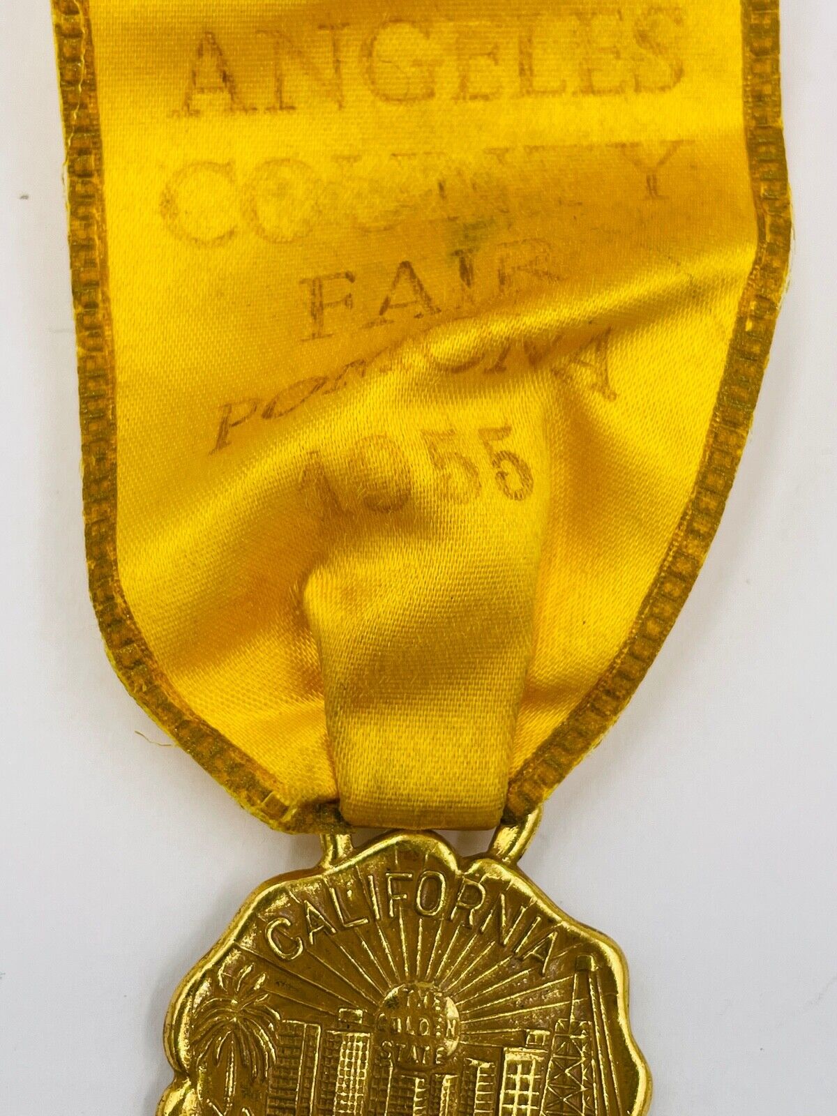 Vintage 1955 Gold Filled California Pomona County Fair Badge Medallion Ribbon