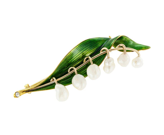 Marcus & Co Lily of The Valley Enamel Gold Pearl Brooch