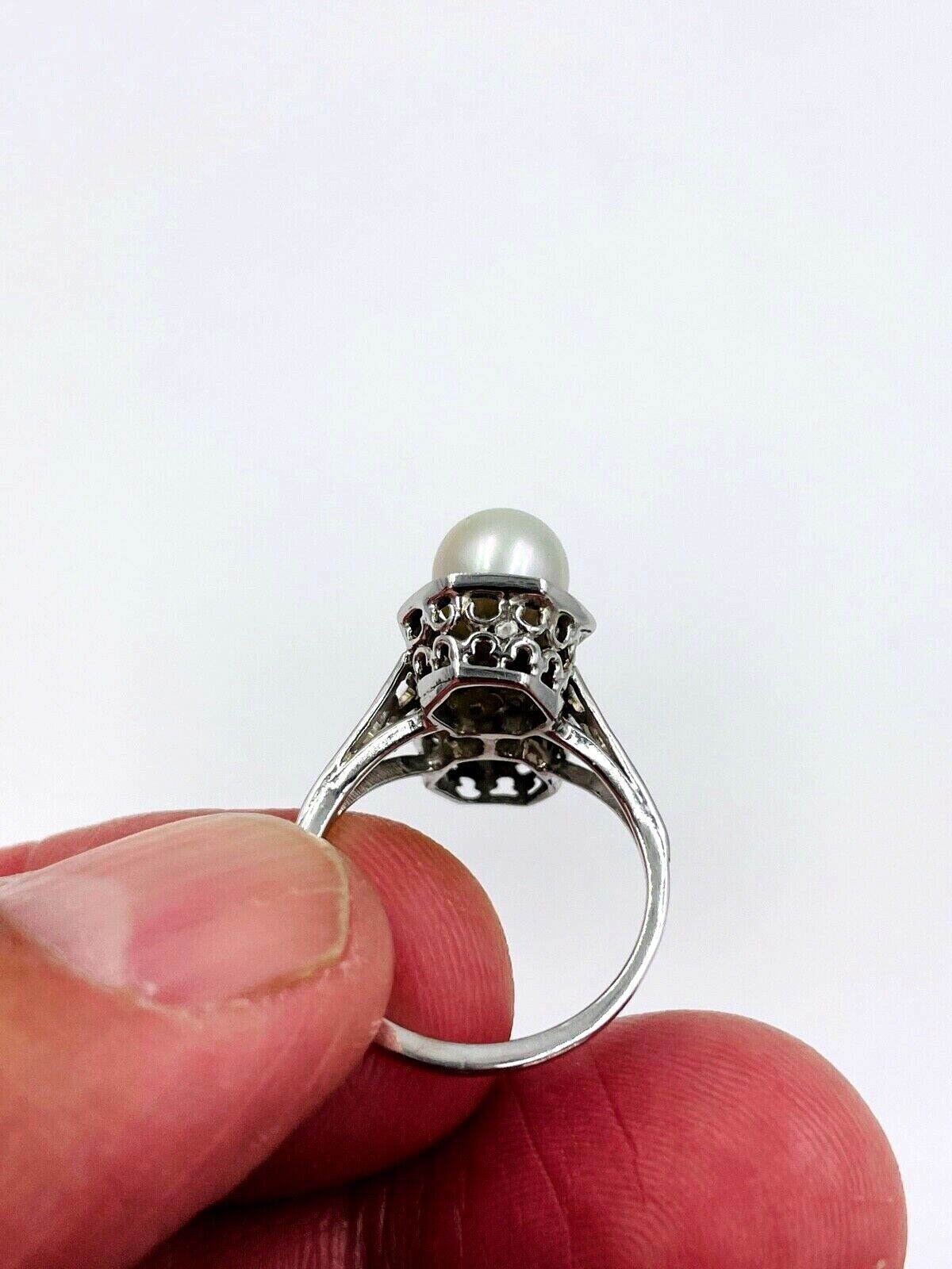 Vintage 14K White Gold Filigree double Pearl Ring Art Deco