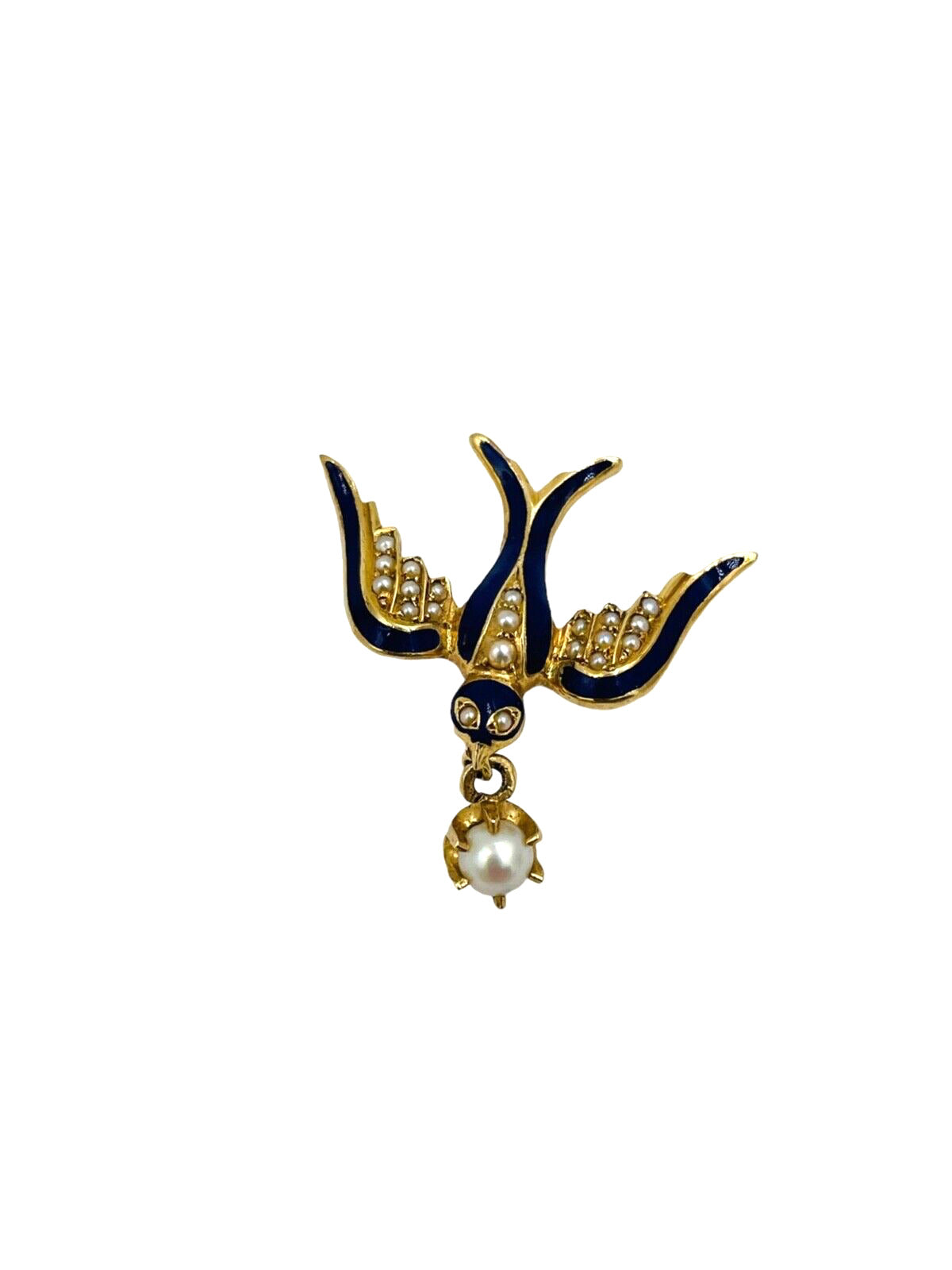 Exquisite Vintage 14K Gold enamel Flying Bird Brooch with Pearl Drop
