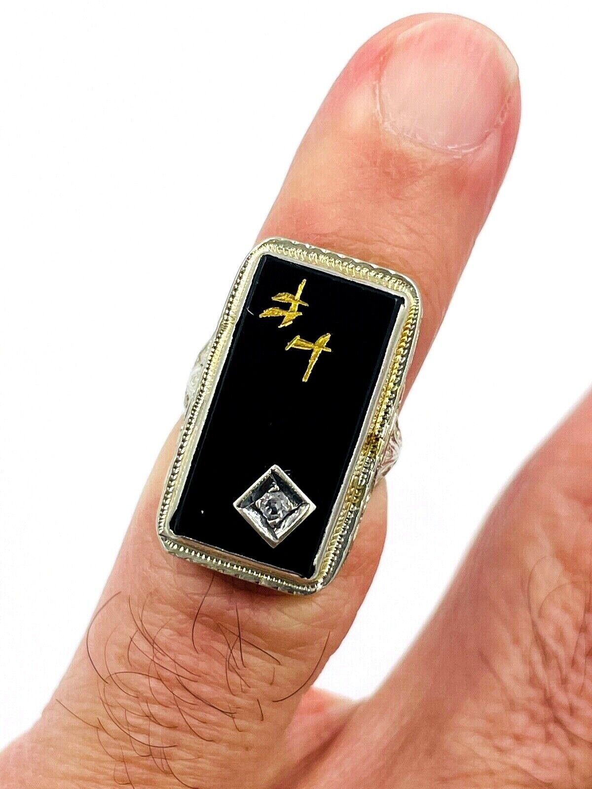 Art Deco 14K White Gold Filigree Diamond Onyx Ring size 3
