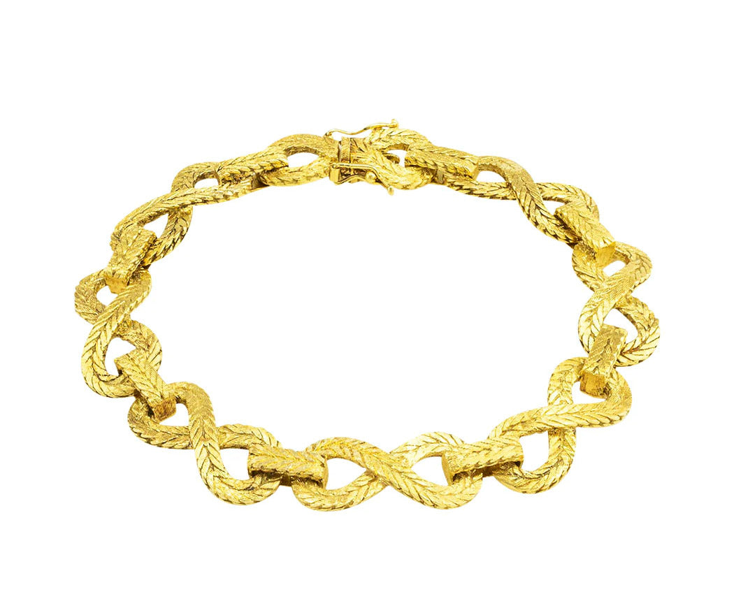 18k Engraved Herringbone Pattern Infinite link Yellow Gold Link Bracelet