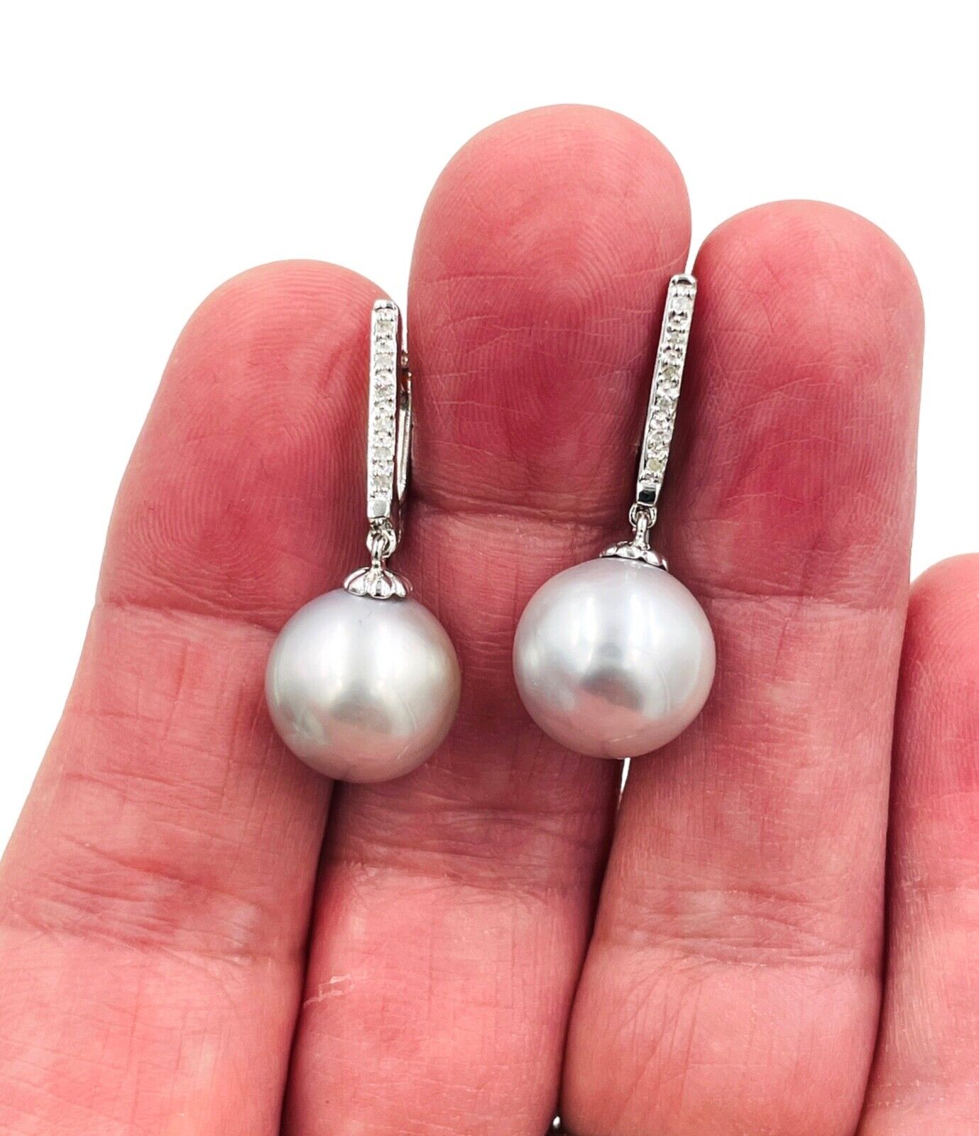 Tahitian Pearl Diamond Drop dangle Earrings 14k white gold