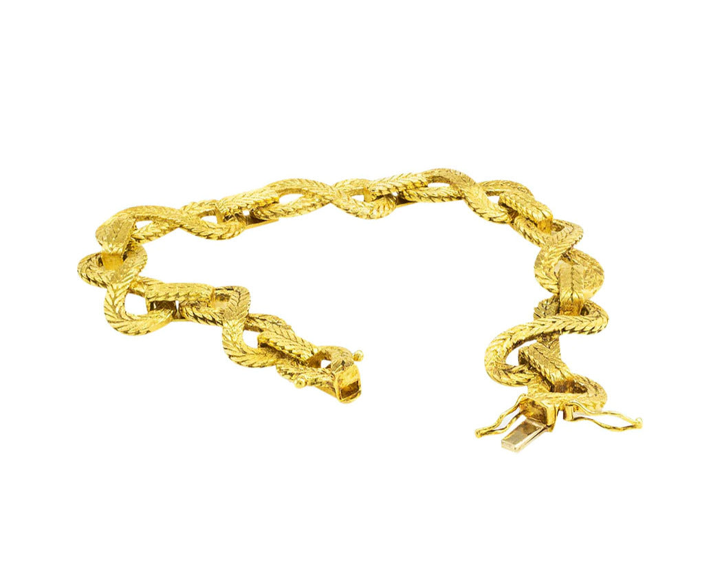 18k Engraved Herringbone Pattern Infinite link Yellow Gold Link Bracelet