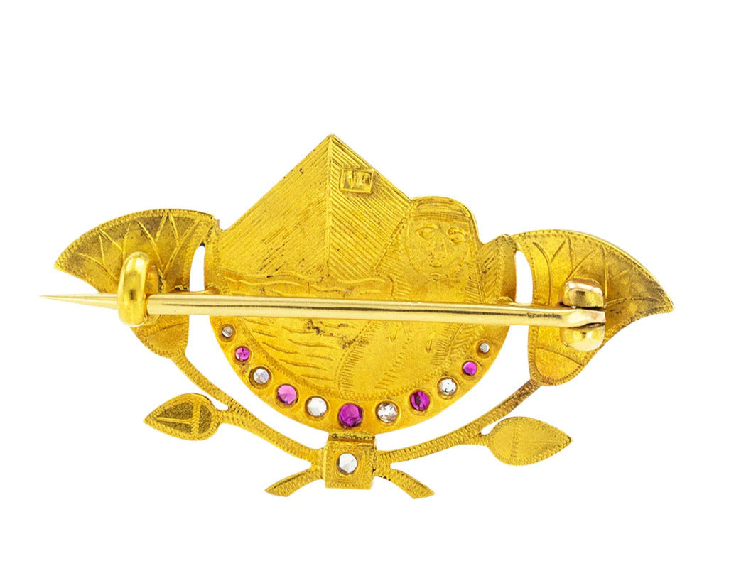 Art Deco Egyptian Revival Diamond Ruby Enamel Gold Brooch