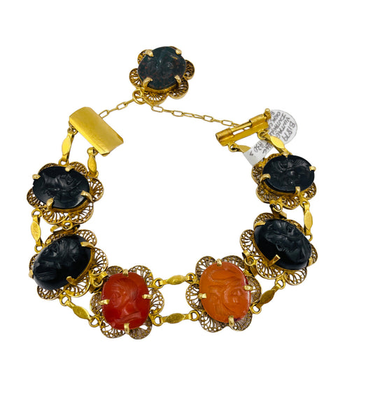 Art Deco 18k gold Intaglio filigree bracelet Bloodstone Carnelian