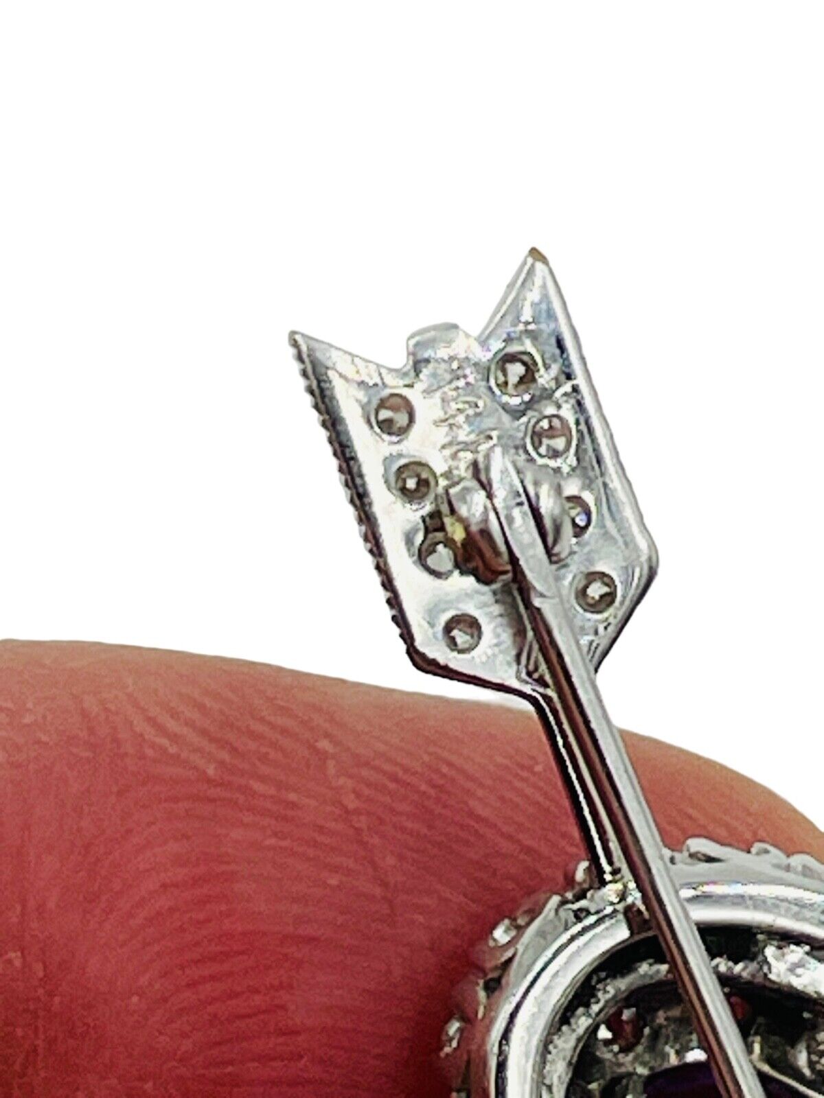 Estate Heart Amethyst Diamond Brooch Pin 14K White Gold Mid Century
